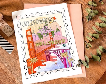 Carte de vœux californienne, carte postale californienne, cadeau de l’État de Californie, carte de vœux de carte postale de voyage, San Francisco, Las Vegas, cadeau Disney