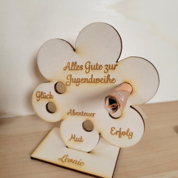 Geschenk zur Jugendweihe personalisiert, Geldgeschenk, Blume, Geld verpacken schenken, Tischdeko aus Holz