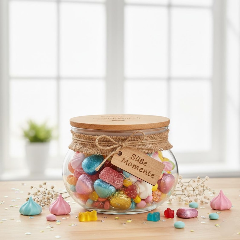 May include: A clear glass jar filled with colorful candies, including pink, blue, and red sweets. The jar has a wooden lid and a burlap trim. A wooden tag with the words "S&uuml;&szlig;e Momente" hangs from the jar.