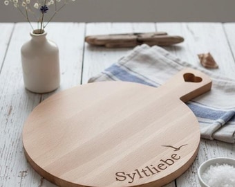 Tabla redonda con diseño de la isla de Sylt | Sylt love & seagull | Tabla de desayuno/tabla de cortar con asa | Decoración de cocina | Idea de regalo: Seaside