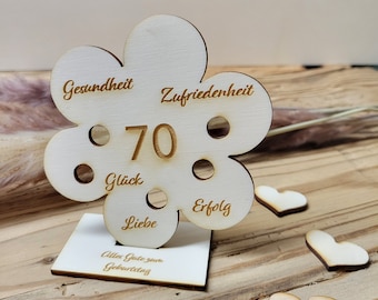Geschenk zum 70. Geburtstag, Geldgeschenk, Geld verpacken verschenken, Tischdeko aus Holz