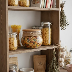 May include: Wooden shelf filled with glass jars of pasta, including spaghetti, shells, and rotini. The jars are sealed with lids and twine. Dried herbs and garlic hang from the shelf, creating a rustic kitchen scene.