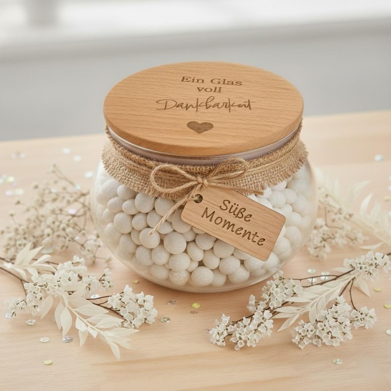 May include: A clear glass jar filled with white candies, topped with a wooden lid. The lid is engraved with text and a heart. A burlap ribbon and a wooden tag with text are tied around the jar. White flowers and confetti surround the jar.