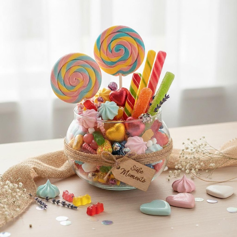 May include: A glass jar filled with colorful candies, lollipops, and sweets. Two large, spiral-patterned lollipops stand out, along with various hard candies and a tag that reads "Sweet Moments". The jar is wrapped with twine.