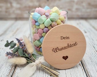 Vorratsglas mit Holzdeckel dein Wunschtext Glas mit Deckel graviert Geburtstag Dankeschön Geschenk Wunschgravur