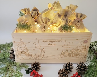 Advent calendar wooden box personalized, Advent box, wooden box Christmas, children, Santa Claus, Christmas decoration engraving deer sleigh