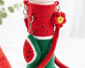 Crochet Watermelon Bottle Holder, Handmade Crossbody Water Bottle Bag, Cute Kawaii Summer Bag, Gift for Her, Festival Bottle Carrier
