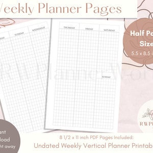 Op de afbeelding: Printbare, niet-gedateerde verticale weekplannerpagina's in zwart-wit. De pagina's zijn ontworpen voor een halve paginaformaat, met een afmeting van 5,5 x 8,5 inch. De plannerpagina's zijn verdeeld in zeven kolommen voor elke dag van de week, met een rasterpatroon om op te schrijven.