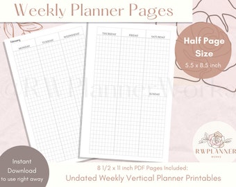Half Page Weekly Planner Inserts: Vertical Grid (Digital Download)