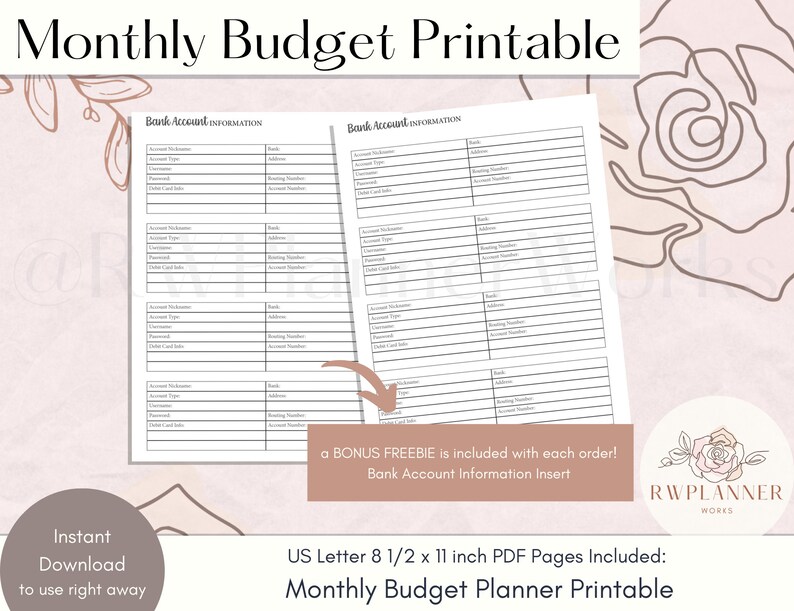 Monthly Budget Planner Printable Budget Insert Letter Size - Etsy