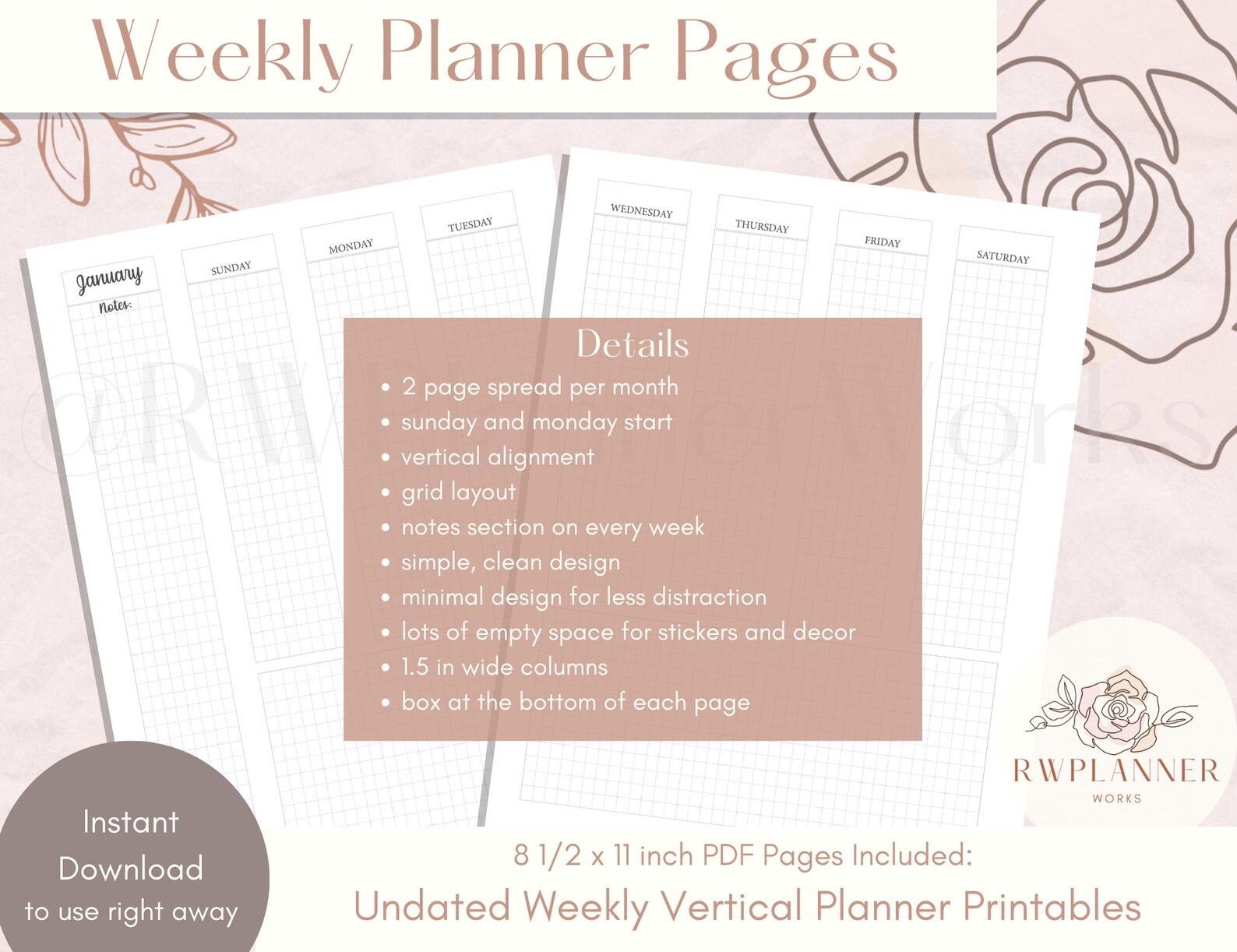 Weekly Planner Pages | Vertical Grid With Box | Planner Printables ...