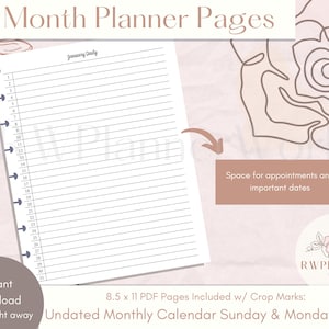 May include: A printable 12-month planner with a simple design. The planner is undated and has space for appointments and important dates. The planner is 21.6 x 27.9 cm and includes crop marks.
