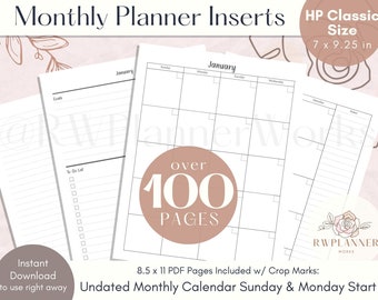 Monthly Planner Insert | Planner Printable | Monthly Spread on 2 Pages | Digital Download | Classic Planner Size | Bonus Freebie!