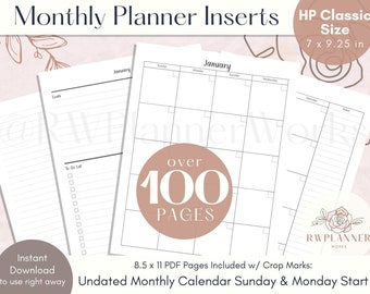 Classic Monthly Planner Insert: Undated Calendar, To-Do List (Digital Download)