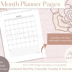 May include: A printable 12-month planner with a simple, clean design. The planner is undated and includes crop marks for easy cutting. The text "January" is at the top of the page.