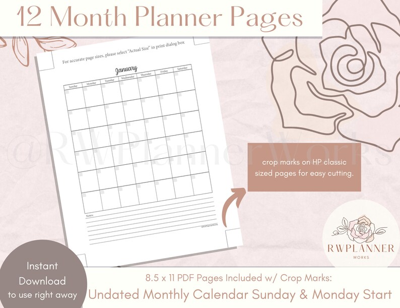 May include: A printable 12-month planner with a simple, clean design. The planner is undated and includes crop marks for easy cutting. The text "January" is at the top of the page.
