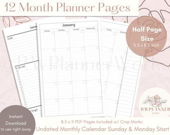 12 Month Lined Planner: Half Letter Size Inserts (Digital Download)