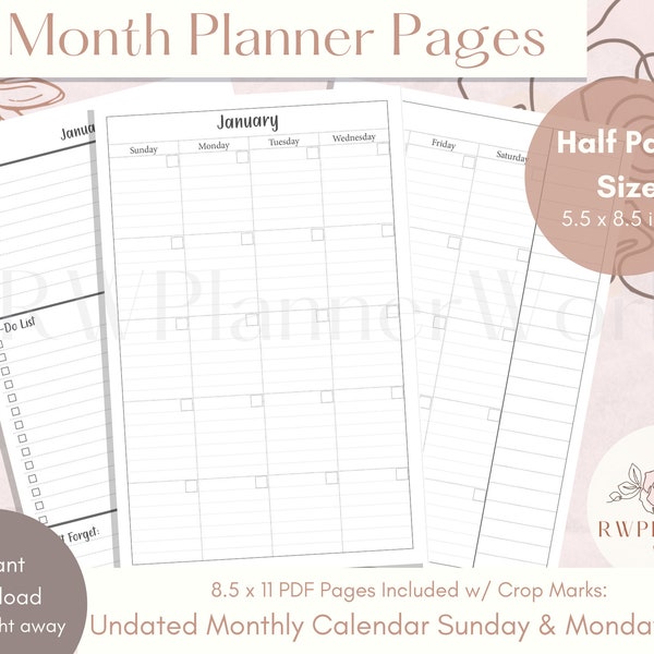 12 Month Planner Pages | Monthly Lined Calendar | Month on 2 pages | Half Letter Size | Planner Inserts