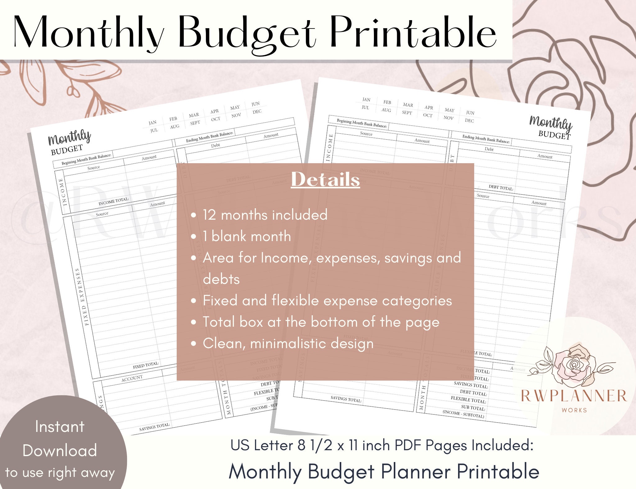 Monthly Budget Planner Printable Budget Insert Letter Size - Etsy