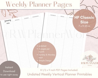Vertical Weekly Planner Inserts: HP Classic Size (Digital Download)