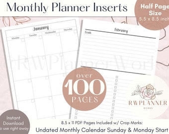 Half Page Monthly Planner Insert: Undated Printable (Digital Download)