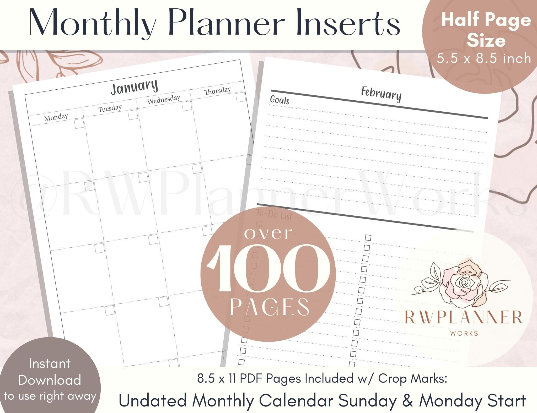 Monthly Planner Insert Planner Printable Monthly Spread on 2 Pages ...