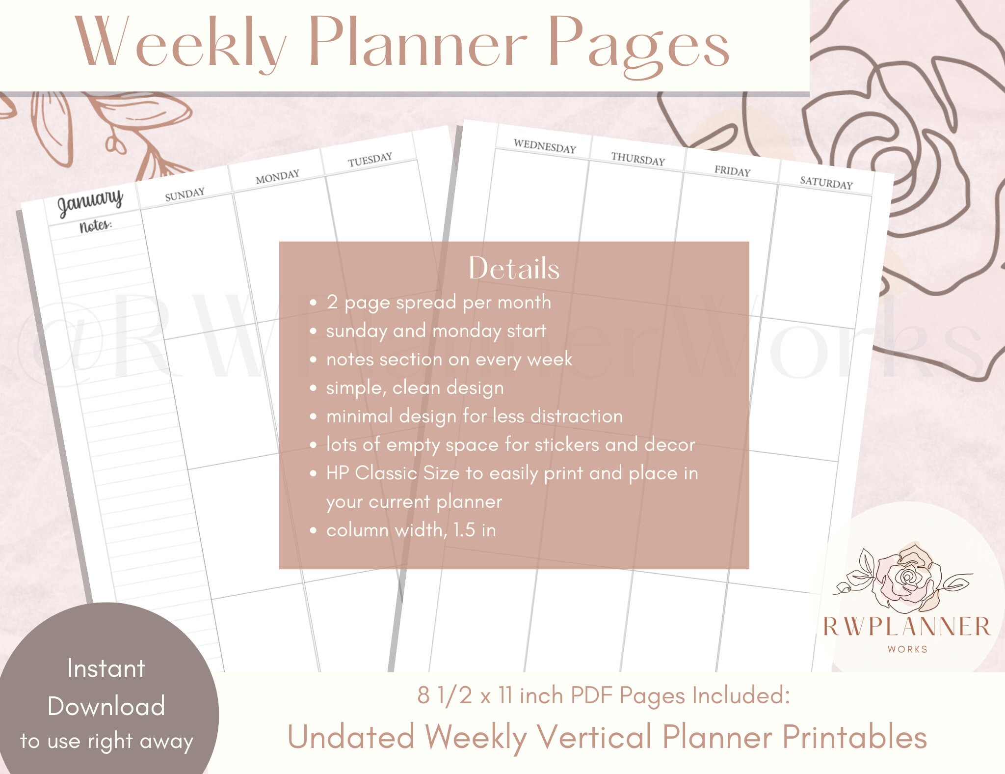 Weekly Planner Pages Vertical Layout Planner Inserts - Etsy