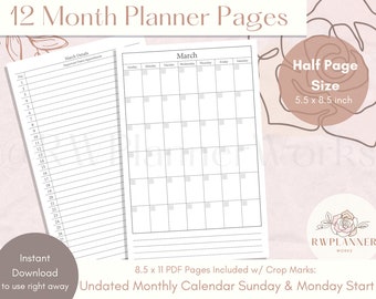 12 Month Planner Pages | Monthly Calendar | Half Letter Size | Planner Inserts