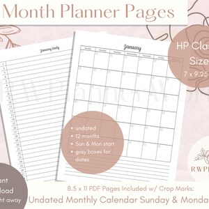 May include: A printable 12-month planner with undated monthly calendar pages in a classic size of 17.8 x 23.5 cm. The planner features a Sunday and Monday start option. The image shows a sample January calendar page.