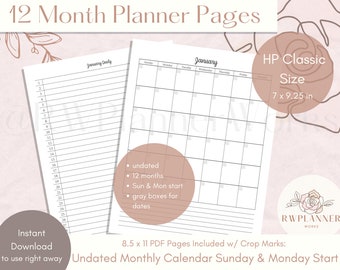 12 Month Planner Pages: Happy Planner Classic Inserts (Digital Download)