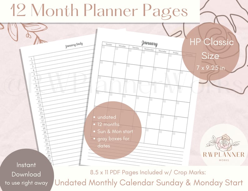May include: A printable 12-month planner with undated monthly calendar pages in a classic size of 17.8 x 23.5 cm. The planner features a Sunday and Monday start option. The image shows a sample January calendar page.