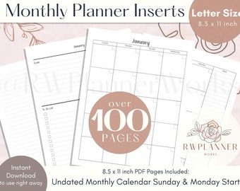 Monthly Planner Insert | Planner Printable | Monthly Spread on 2 Pages | Digital Download | US Letter Size | Bonus Freebie!