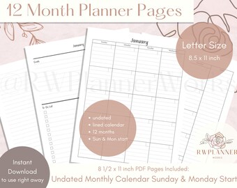12 Month Lined Planner Pages: Letter Size Printable (Digital Download)