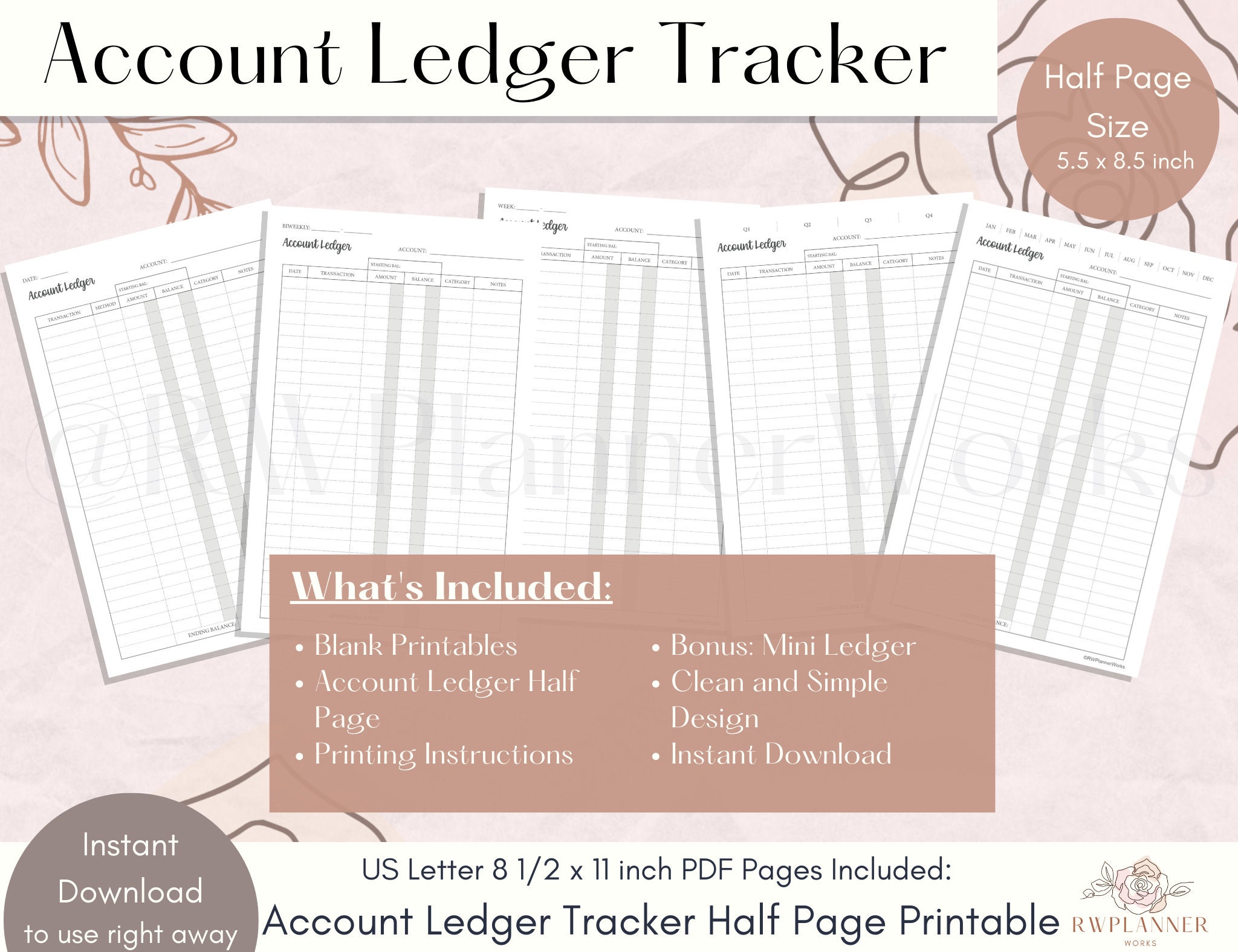Account Ledger Tracker Printable: Half Page Planner Insert (digital ...