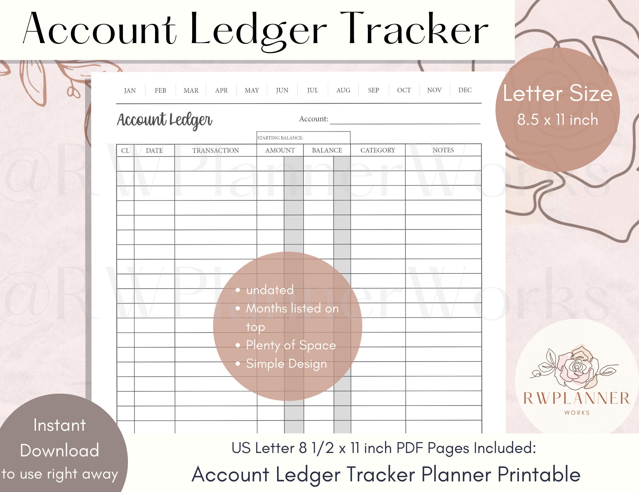 Account Ledger Tracker Planner Printable Planner Insert Letter Size HP ...