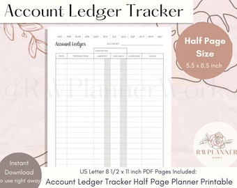 Account Ledger Tracker Printable: Half Page Planner Insert (Digital Download)