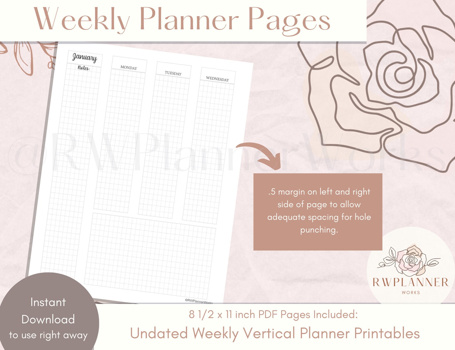 Weekly Planner Pages | Vertical Grid With Box | Planner Printables ...