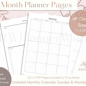 12 Month Planner Pages | Monthly Lined Calendar | Month on 2 pages | HP Classic Size | HP Classic | Happy Planner Inserts