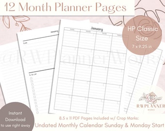 12 Month Lined Calendar Inserts: HP Classic Size (Digital Download)