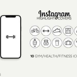 Op de afbeelding: Een set van 10 zwart-witte pictogrammen voor Instagram-highlight-covers. De pictogrammen tonen verschillende fitness- en gezondheidsgerelateerde items, waaronder een halter, een fiets, een koptelefoon, een weegschaal, een waterfles, een sporttas, een kettlebell, een hardloopschoen, een fitnesstracker en een t-shirt. De tekst "Instagram Highlight Covers" en "10 Gym/Health/Fitness Icons" is ook in de afbeelding opgenomen.