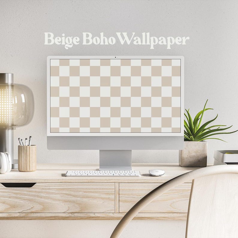 May include: A beige and white checkered wallpaper displayed on a computer monitor on a wooden desk with a keyboard, mouse, and a potted plant. The text "Beige Boho Wallpaper" is displayed above the monitor.
