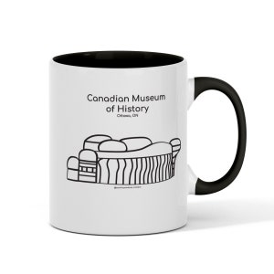 May include: White ceramic mug with a black interior and handle. The mug features a black and white line drawing of the Canadian Museum of History, with the text "Canadian Museum of History, Ottawa, ON".