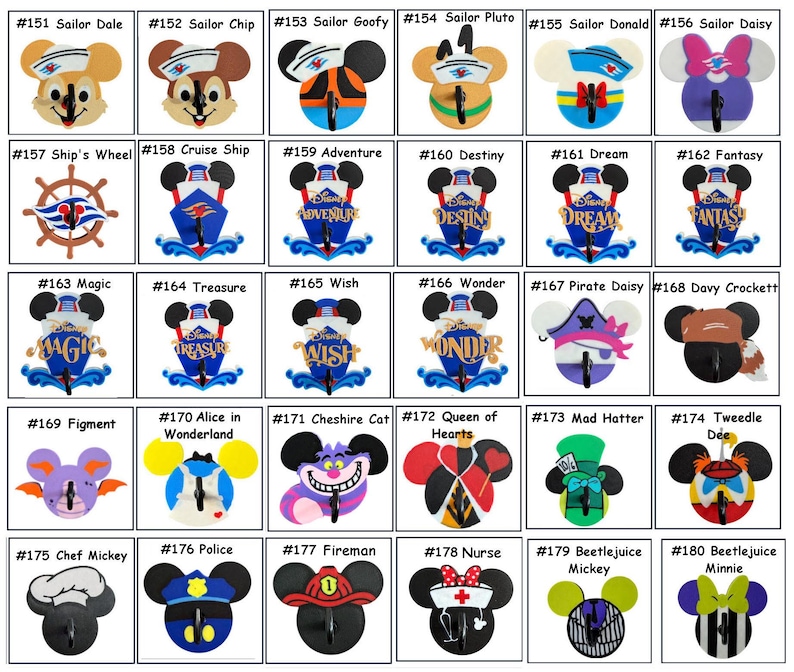 May include: A collection of colorful Disney-themed character keychains. Each keychain features a different character design, including Mickey Mouse, Donald Duck, and other popular figures. The keychains are made of plastic and have a hook for attaching keys.