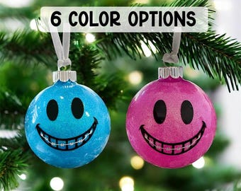 Braces Smiley Face Ornament Personalized with Name and Year | 3" Round Glass Christmas Ornament