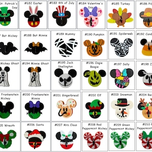 May include: A collection of colorful Mickey Mouse-shaped charms, each designed with a different theme. Themes include holidays like St. Patrick's Day, Easter, and Christmas, as well as Halloween and other festive designs.