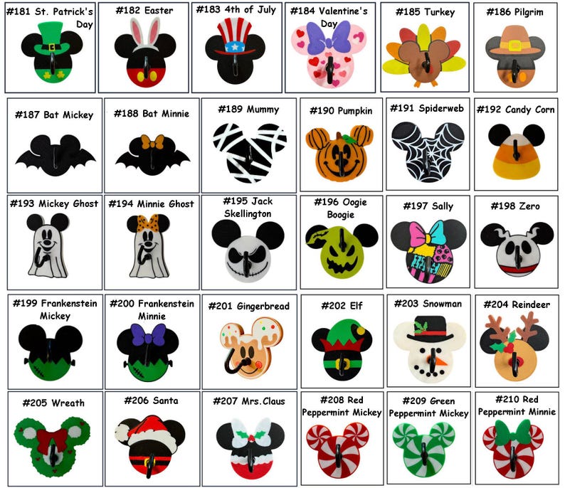May include: A collection of colorful Mickey Mouse-shaped charms, each designed with a different theme. Themes include holidays like St. Patrick's Day, Easter, and Christmas, as well as Halloween and other festive designs.