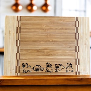 Pug Engraved Bamboo Cutting Board with Butcher Block Inlay