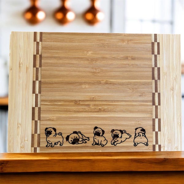 Pug Engraved Bamboo Cutting Board with Butcher Block Inlay