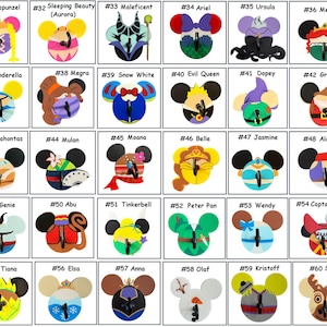 May include: A collection of Disney character-themed Mickey Mouse ear-shaped ornaments. Each ornament features a different character design, including Rapunzel, Ariel, and Elsa. The ornaments are colorful and detailed, with various shapes and sizes.