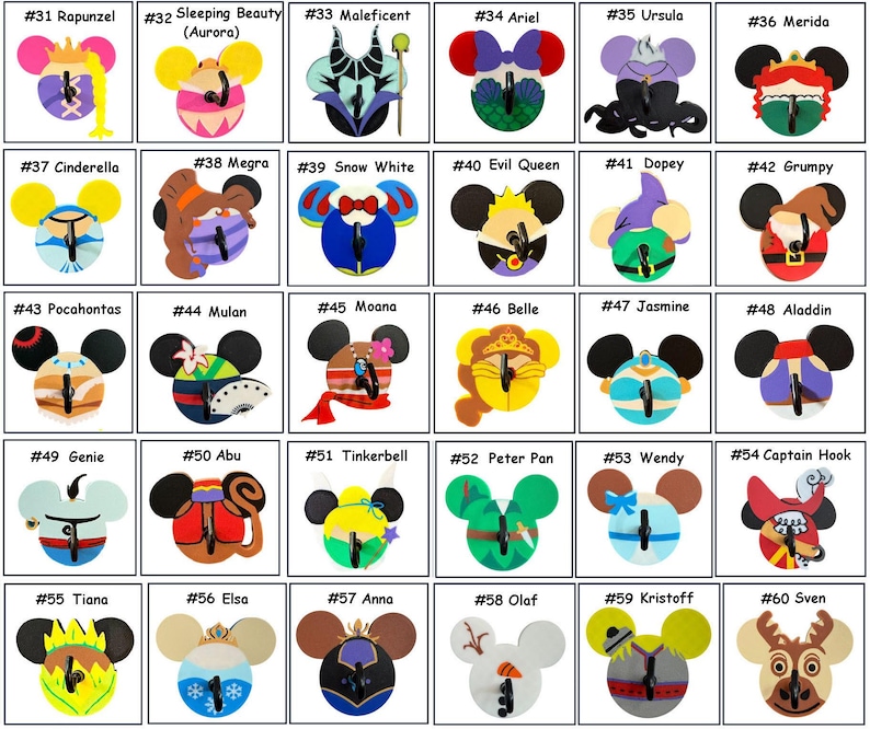 May include: A collection of Disney character-themed Mickey Mouse ear-shaped ornaments. Each ornament features a different character design, including Rapunzel, Ariel, and Elsa. The ornaments are colorful and detailed, with various shapes and sizes.